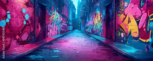 Urban graffiti alley with vibrant street art Vector flat minimalistic isolated illustration
