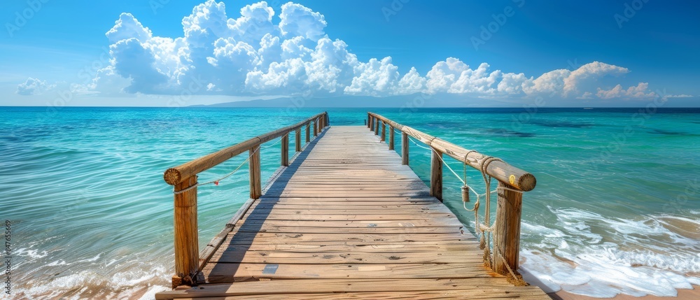 Naklejka premium Wooden pier extending into a turquoise ocean with white clouds in the sky.