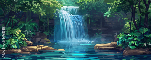 Waterfall cascading into a crystal-clear pool. Vector flat minimalistic isolated illustration.