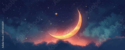 Crescent moon shining over a starry sky. Vector flat minimalistic isolated illustration.