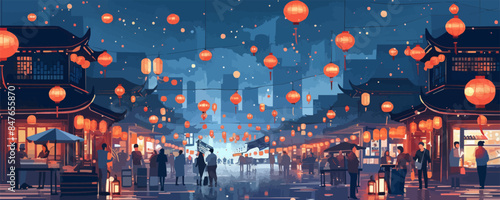 A bustling Chinatown district with lanterns hanging overhead and street vendors selling dim sum. Vector flat minimalistic isolated illustration.