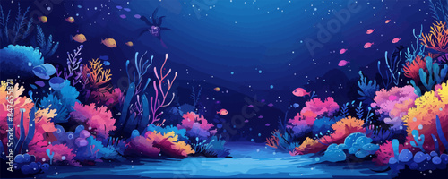 Magical underwater kingdom with coral reefs and sea creatures Vector flat minimalistic isolated