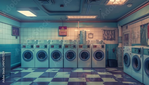 Old laundromat interior featuring rows of washing machines. Dirty self-service laundry facility photo