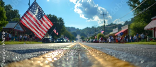 Fototapeta Naklejka Na Ścianę i Meble -  American flag waves over a small town street.