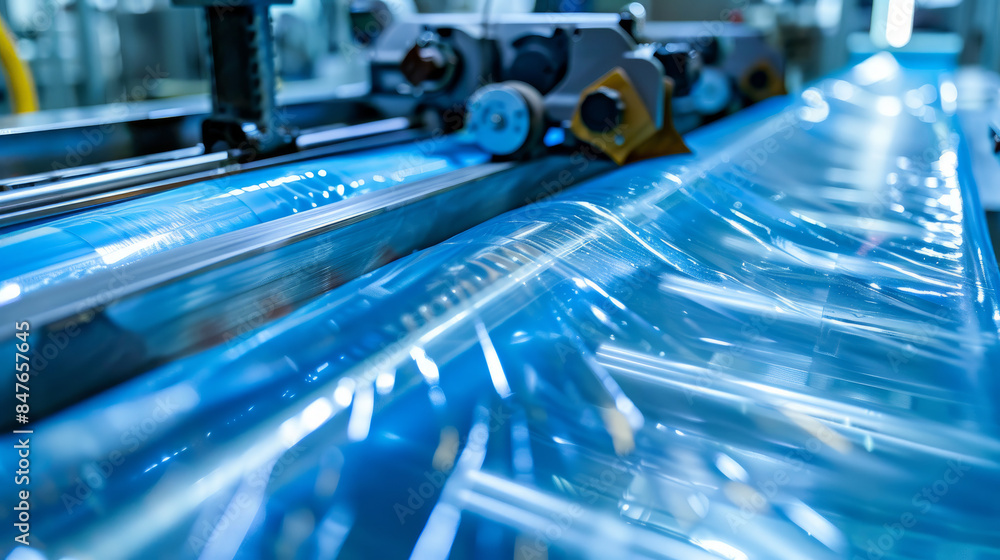 Automated machine wraps plastic around food and products. The machine is part of a packaging line. Packaging line uses light blue plastic film. Automated machine wraps plastic around food and products. The machine is part of a packaging line. Packaging line uses light blue plastic film.