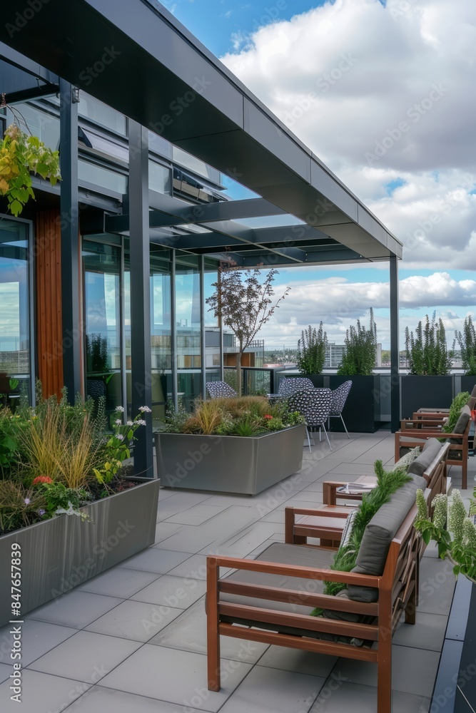 Obraz premium Professional Photography of the outdoor terrace or rooftop garden offering panoramic views and fresh air for employees to enjoy, Generative AI