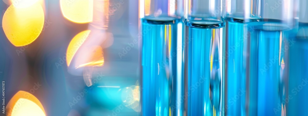 A closeup of test tubes filled with blue liquid, arranged on white shelves in a laboratory setting A closeup of test tubes filled with blue liquid, arranged on white shelves in a laboratory setting