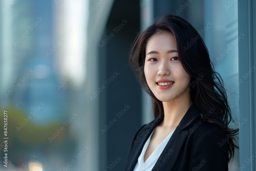 Smiling Asian Office Lady in Office Building Background Smiling Asian Office Lady in Office Building Background