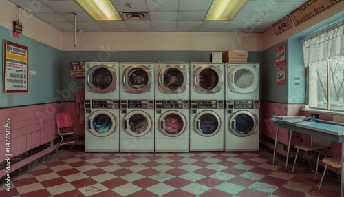 Old laundromat interior featuring rows of washing machines. Dirty self-service laundry facility