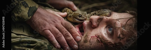 Snake bite, horrible monster reptile, nightmarish photo, snake rescue, killer reptile photo