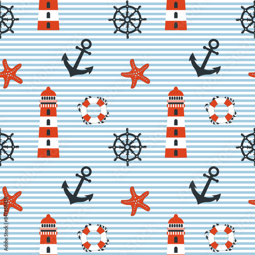 Nautical seamless pattern, anchor, lighthouse, lifebuoy, starfish and rudder on background with waves. Background, print, textile, wallpaper