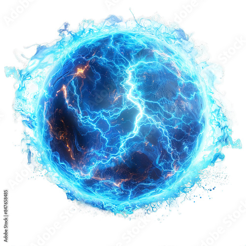 round blue energy power isolated on transparent background ,blue electric ball ,generative ai