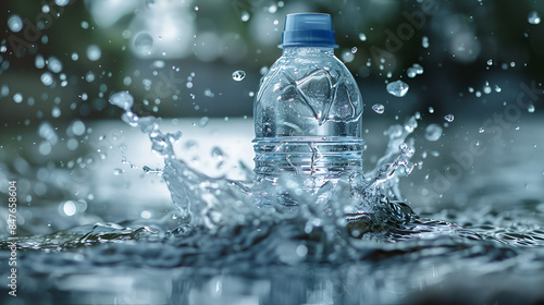 a splash of water with drops escaping from a PET bottle on a blue background. The concept of pure bottled water., Generative AI photo