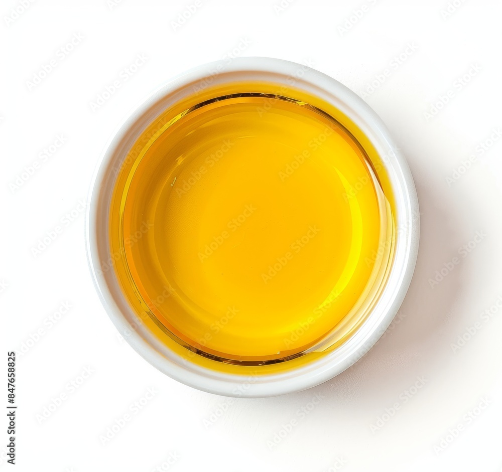 Top view of yellow liquid in a petri dish or glass with bubbles on a white background. Top view of yellow liquid in a petri dish or glass with bubbles on a white background.
