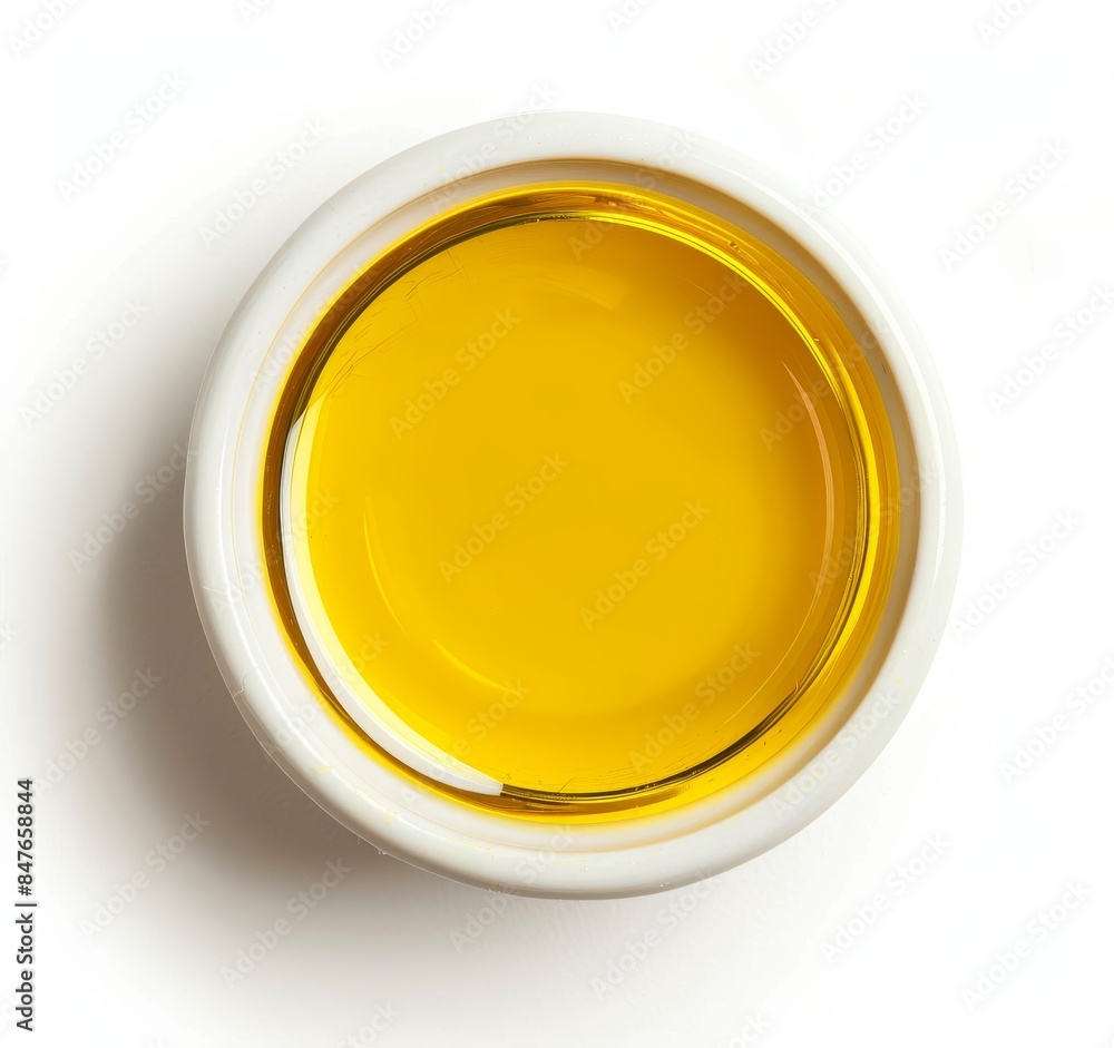 Top view of yellow liquid in a petri dish or glass with bubbles on a white background. Top view of yellow liquid in a petri dish or glass with bubbles on a white background.