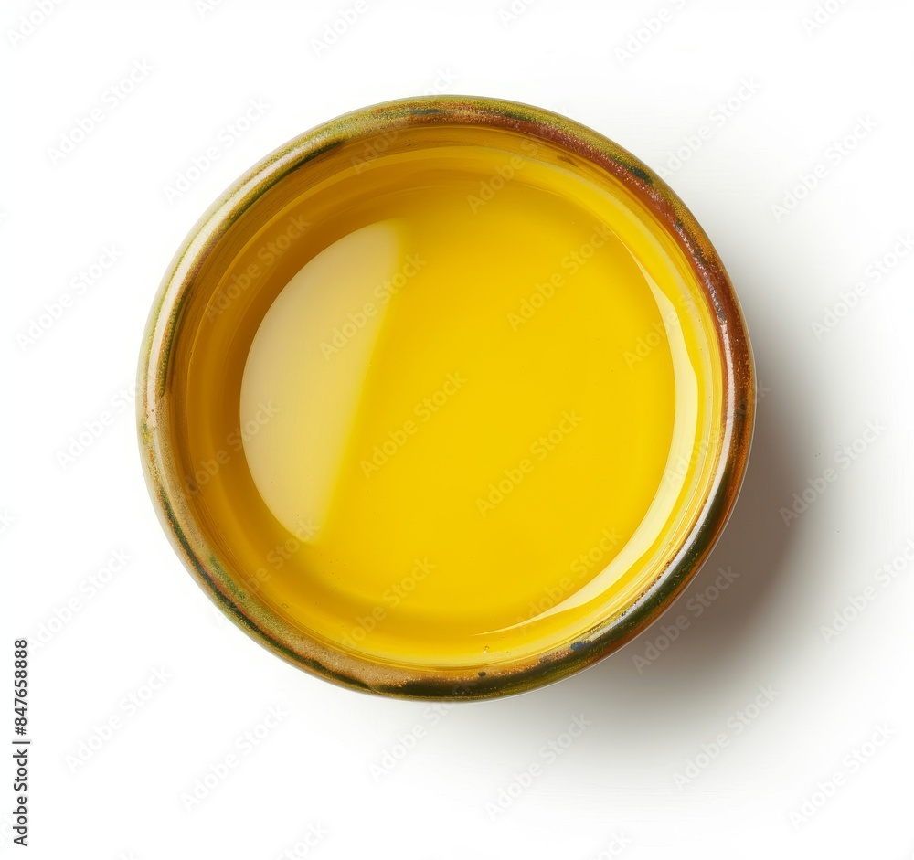Top view of yellow liquid in a petri dish or glass with bubbles on a white background. Top view of yellow liquid in a petri dish or glass with bubbles on a white background.