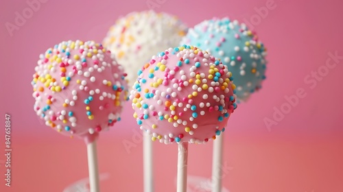 Sweet cake pops in glaze sprinkled with colorful sugar drops isolated on colorful background © Emma