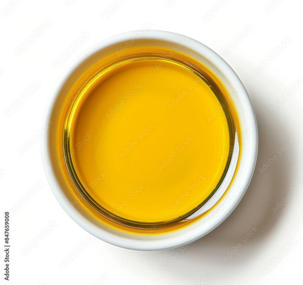 Top view of yellow liquid in a petri dish or glass with bubbles on a white background. Top view of yellow liquid in a petri dish or glass with bubbles on a white background.