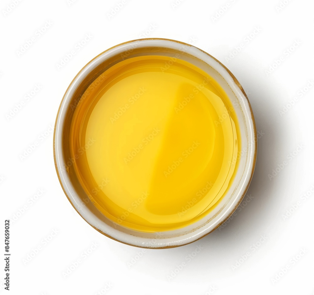 Top view of yellow liquid in a petri dish or glass with bubbles on a white background. Top view of yellow liquid in a petri dish or glass with bubbles on a white background.