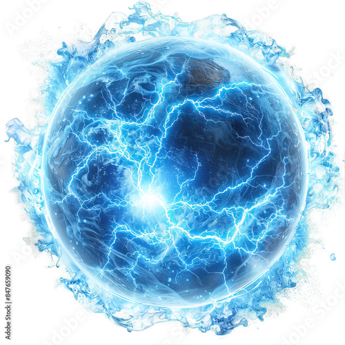 round blue energy power isolated on transparent background ,blue electric ball ,generative ai photo