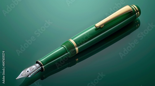 This is a green fountain pen with gold accents. It is lying on a reflective surface, which is also green.