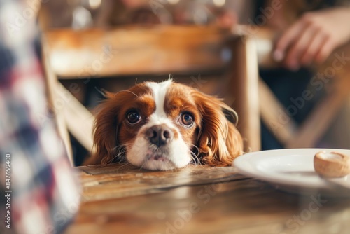 Dog begging for food, pet looks at owner plate with hungry eyes, dog head begs to feed it photo