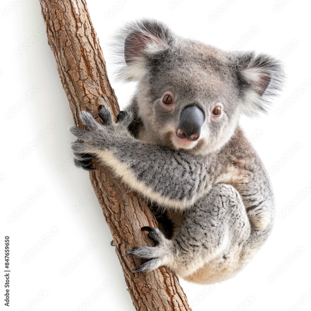 Naklejka premium A koala is sitting on a tree branch. The koala is looking at the camera with a curious expression