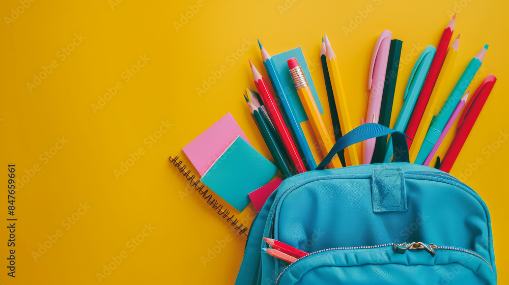Colorful school supplies burst out of a blue backpack against a cheerful yellow background. Ready for the new school year! Colorful school supplies burst out of a blue backpack against a cheerful yellow background. Ready for the new school year!