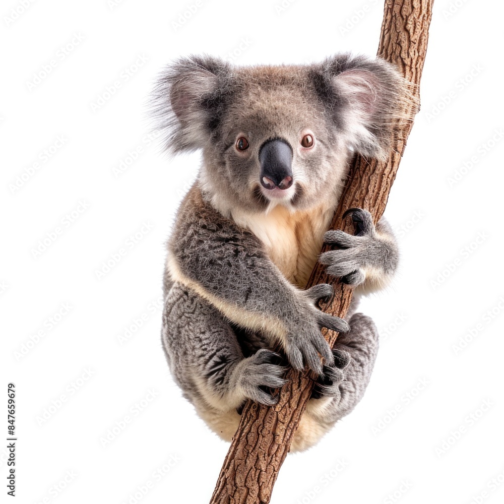Obraz premium A koala is sitting on a tree branch. The koala is looking at the camera with a curious expression