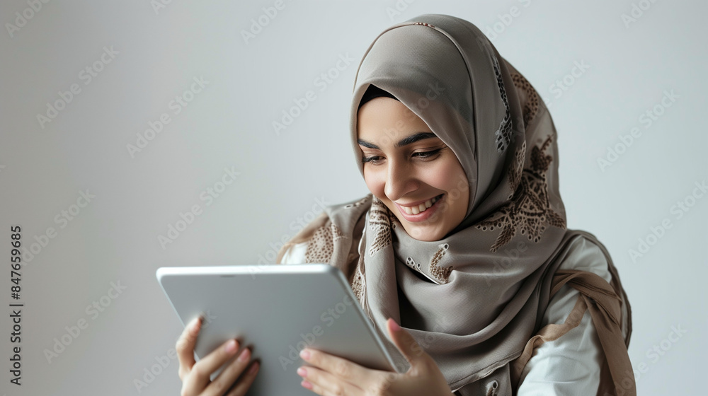 Muslim woman wearing a hijab looking at a white screen tablet with a beautiful smiling expression on a white photo studio background, Ai generated Images Muslim woman wearing a hijab looking at a white screen tablet with a beautiful smiling expression on a white photo studio background, Ai generated Images