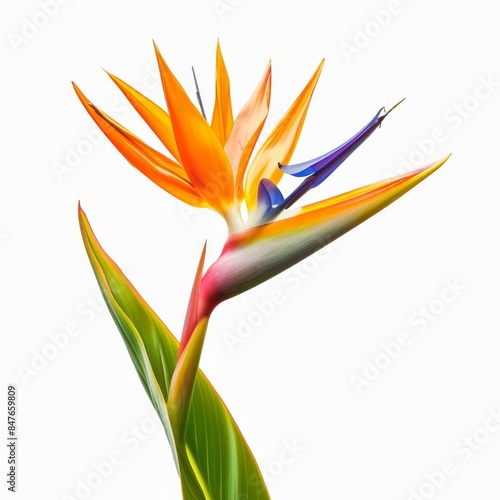 Bird of Paradise Tropical Flower Isolated, Strelitzia Bloom, Orange Exotic Bird Head Flower on White