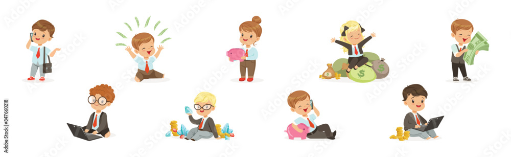 Kid Character In Financial Business Dealing with Money Vector Set Kid Character In Financial Business Dealing with Money Vector Set