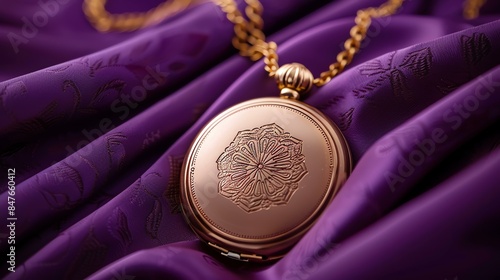 ornate golden locket pendant on a gold chain displayed on a purple patterned silk cloth photo