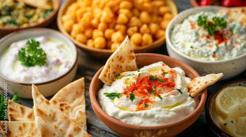 Pita Bread with Assorted Mediterranean Dips and Chickpeas