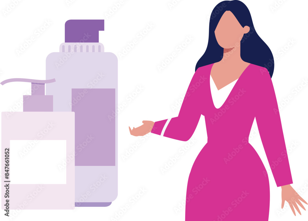 The girl is showing a bottle of lotion. The girl is showing a bottle of lotion.