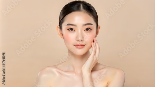 Beautiful young Asian woman with clean fresh skin on a beige background, Face care, Facial treatment, Cosmetology, beauty and spa, Asian women portrait. photo