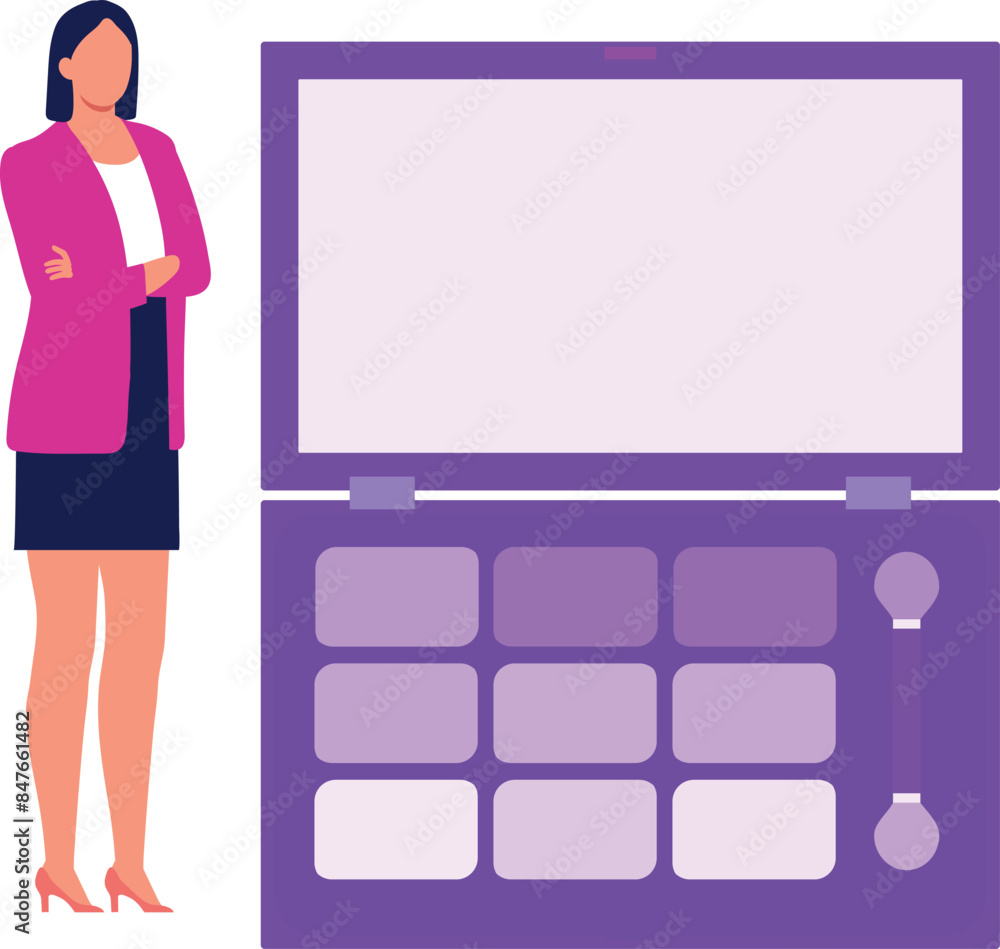 The girl is standing by eye shadow palette.