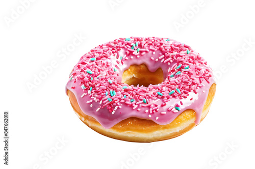 Glazed donut decorated with pink sprinkles isolated on transparent background. Perfect for bakery menus, dessert blogs, and food advertisements.