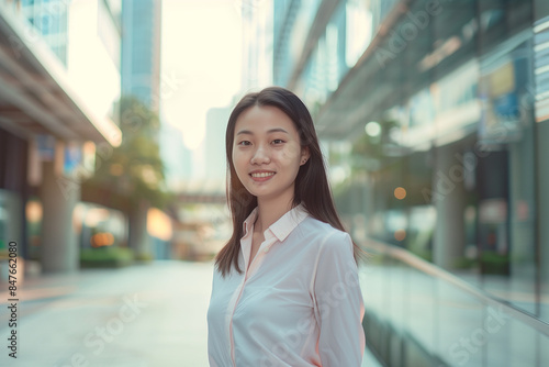 Smiling Asian Office Lady in Office Building Background © song