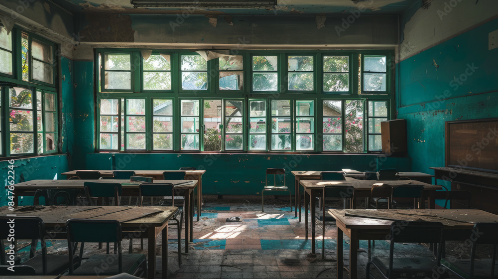 Naklejka premium Empty classroom with dusty desks and cobwebs, showing how the pandemic has kept schools closed.
