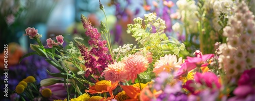 Summer floral arrangement competition, florists and creative displays, 4K hyperrealistic photo.