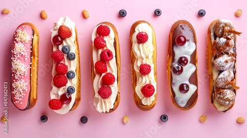 Tasty eclairs with different topping isolated on colorful background