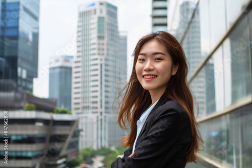 Smiling Asian Office Lady in Office Building Background