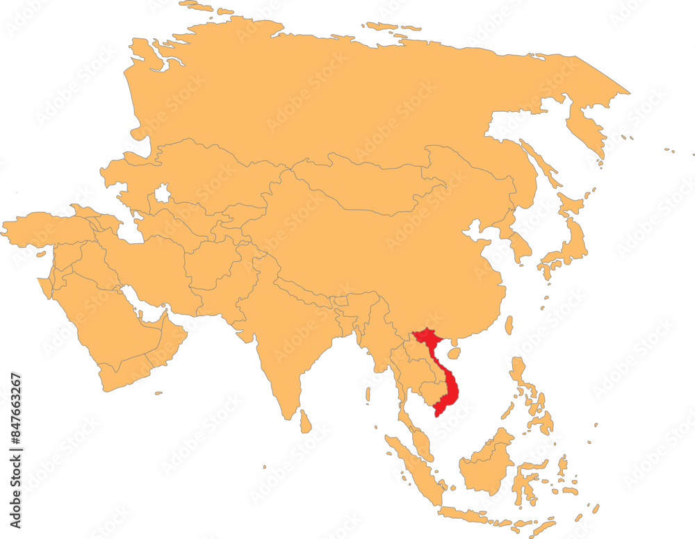 Highlighted red map of VIETNAM inside orange detailed political map of Asia using orthographic projection on transparent background Highlighted red map of VIETNAM inside orange detailed political map of Asia using orthographic projection on transparent background