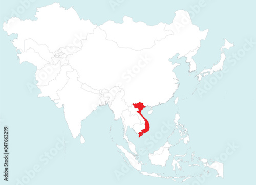 Highlighted red map of VIETNAM inside white detailed blank political map of Asia on blue background, without the Middle East and Russia