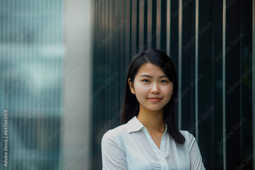 Smiling Asian Office Lady in Office Building Background Smiling Asian Office Lady in Office Building Background