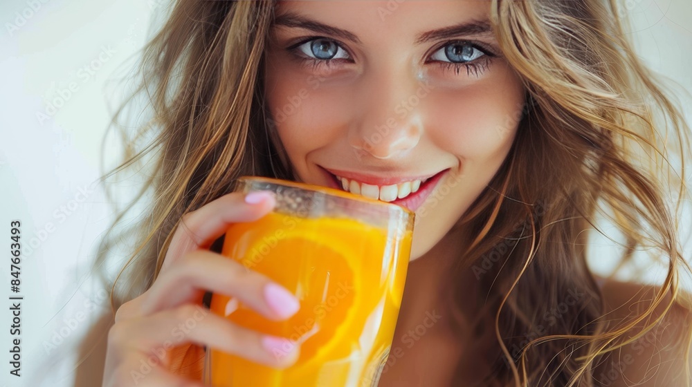 Smiling woman savoring a detox juice at home, enjoying a healthy orange vegetable smoothie Smiling woman savoring a detox juice at home, enjoying a healthy orange vegetable smoothie