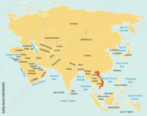 Highlighted red map of VIETNAM inside orange detailed tagged map of Asia using orthographic projection on blue background