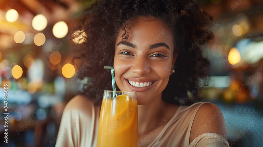 Smiling woman enjoying nutritious detox juice at home, savoring an orange vegetable smoothie Smiling woman enjoying nutritious detox juice at home, savoring an orange vegetable smoothie