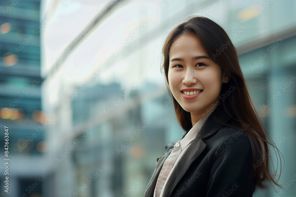 Smiling Asian Office Lady in Office Building Background Smiling Asian Office Lady in Office Building Background